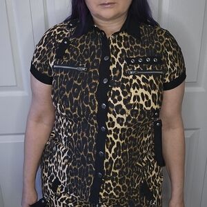 Killstar Leopard Print Button-Up Bondage Strap Shirt XL